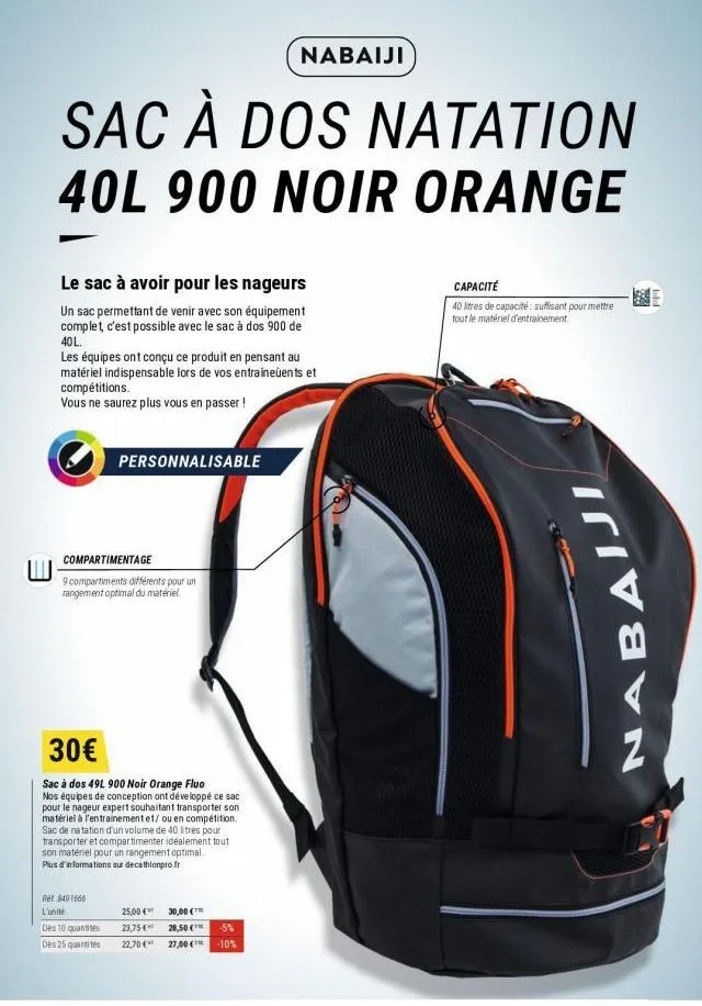 sac à dos natation 40l 900 noir orange  le sac à avoir pour les nageurs  un sac permettant de venir avec son équipement complet, c'est possible avec le sac à dos 900 de 40l.  les équipes ont conçu ce 