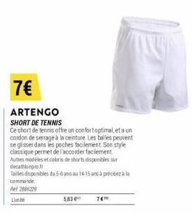 7€  ARTENGO SHORT DE TENNIS  Ce short de tennis offre un confortoptimal, et a un cordon de serrage à la ceinture. Les balles peuvent se gisser dans les poches facilement Son style classique permet de 