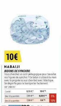 L'unité  Des 10 quantités  Des 25 quantités  10€  NABAIJI BIDONS DE SYNCHRO  Vous cherchez un outil pédagogique pour travailer vos figures de synchro? Ce bidon s'utilise à la main avec la poignée ou a