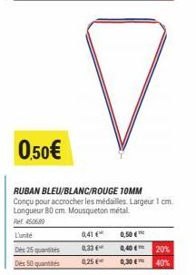 L'unité  Des 25 quantités  Des 50 quantités  0,41 €  0,33 €  0,25€  0,50€  RUBAN BLEU/BLANC/ROUGE 10MM Conçu pour accrocher les médailles. Largeur 1 cm. Longueur 80 cm. Mousqueton métal  Ref 450689  0