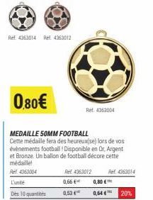 Ref. 4363014 Ref 4363012  0,80€  MEDAILLE 50MM FOOTBALL  Cette médaille fera des heureux(se) lors de vos événements football! Disponible en Or, Argent et Bronze. Un ballon de football décore cette méd