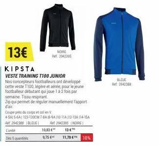 13€  kipsta  veste training t100 junior  nos concepteurs footballeurs ont développé cette veste t100, légère et aérée, pour le jeune footballeur débutant qui joue 1 à 2 fois par semaine. tissu respira