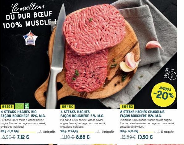 Le moelleux DU PUR BŒUF 100% MUSCLE!  66195  4 STEAKS HACHÉS BIO FAÇON BOUCHERE 15% M.G. Pur boeuf, 100% muscle, viande bovine origine France, hachage non compressé, emballage individuel  400 g- 17,80