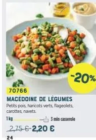 2,75 6-2,20 €  24  -20%  70766  macédoine de légumes petits pois, haricots verts, flageolets, carottes, navets.  1kg  -3 min casserole 