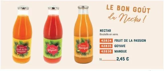 but de la passion  goyave  nectar bouteille en verre.  le bon goût du nectar!  42834 fruit de la passion  42835 goyave  42836 mangue  11 2,45 € 