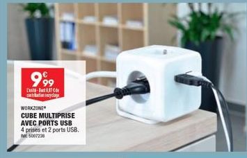 999  L-17  cantation recyclage  WORKZONE  CUBE MULTIPRISE AVEC PORTS USB 4 prises et 2 ports USB,  5007238 