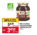 PATE A TARTINER CHOCOLAT NOISETTE JARDIN BIO ETIC offre à 3,5€ sur Cora