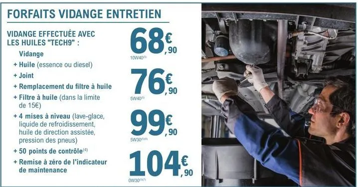 forfaits vidange entretien  vidange effectuée avec  les huiles "tech9":  vidange  + huile (essence ou diesel)  + joint  + remplacement du filtre à huile  + filtre à huile (dans la limite de 15€)  + 4 