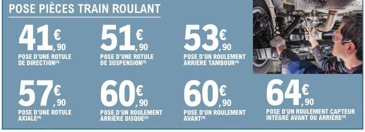 90  POSE D'UNE ROTULE DE DIRECTION(4)  POSE D'UNE ROTULE AXIALE(4)  POSE D'UNE ROTULE DE SUSPENSION()  POSE PIÈCES TRAIN ROULANT  41% 51% 53%  POSE D'UN ROULEMENT ARRIÈRE TAMBOUR(4)  57% 60% 60€ 64€ 