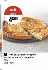LES 6  PARTS  4€60  Tartes aux pommes compote ou aux abricots ou aux poires 525g Le kg 8€76 