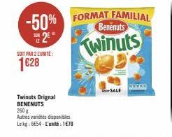 SOIT PAR 2 L'UNITÉ:  1€28  Twinuts Orignal BENENUTS 260 g  Autres variétés disponibles Lekg: 6654-L'unité: 1€70  SALE  -50% FORMAT FAMILIAL  E2E"  Benenuts  Twinuts  RESEA 