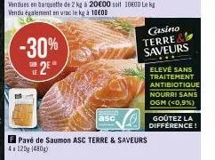 -30% 2⁰  b  asc  pavé de saumon asc terre & saveurs  4120g (480)  casino  terre& saveurs  elevé sans traitement antibiotique nourri sans ogm (<0,9%)  goûtez la différence! 
