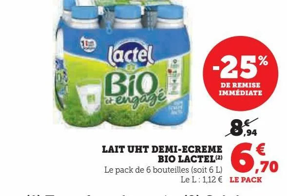 lait uht demi-ecreme bio lactel