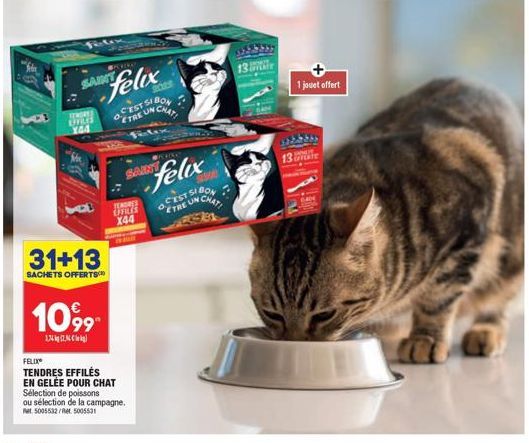 STORES  UILE Y44  31+13  SACHETS OFFERTS  1099  1742  PORRIKO  felix  TENDRES EFFICES X44  FELIX  TENDRES EFFILES  EN GELÉE POUR CHAT  CEST SI BON  ETRE UN  R.R.  CHAT!  Sélection de poissons  ou séle