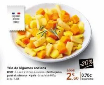 origine  trio de légumes anciens 82527-aure6 à 10 mins  pana's et potimarron 4 parts lesach de 600  carottes jaunes  in  -20%  2.60  60  0,70€ 