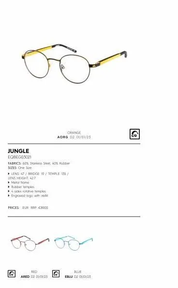 jungle  eqbego3021  fabrics: 60% stainless steel 40% rubber  sizes: one size  ▸ lens: 47/ bridge 19/ temple 135/  lens height: 427  metal from  rubber temples  4 sides rotative temples  ▸ engroved log