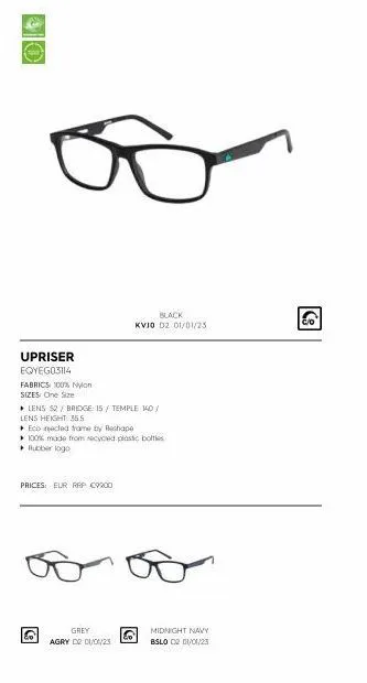 upriser  eqyeg03114  fabrics: 100% nylon  sizes: one size  ▸ lens 52 / bridge: 15/ temple 140/ lens height: 355  econjected frame by reshape  100% made from recycled plastic bottles rubber logo  price