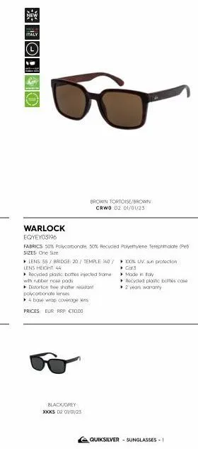 new  italy  warlock eqyey03196  brown tortoise/brown  crwo d2 01/01/25  fabrics 50% polycarbonate, 50% recycled polyethylene terephthalate (pet) sizes: one size  ▸ lens 55 / bridge 20/ temple 140/100%