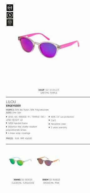 LILOU ERGEY03011  FABRICS 50% Bio Nylon 50% Polycarbonate SIZES One Size  ▸ LENS 48 / BRIDGE: 19/TEMPLE 130/ LENS HEIGHT: 40  G650 injected frame  Distortion free shatter resistant  polycarbonate lans