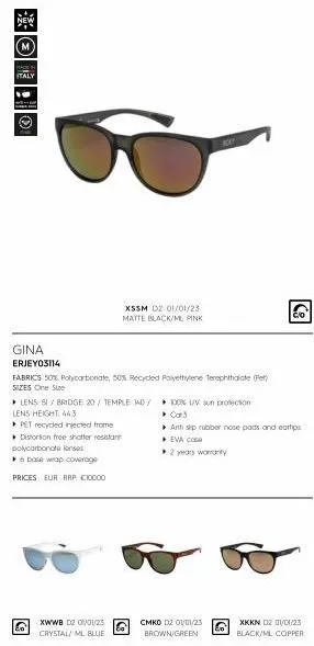 italy  gina erjey03114  fabrics 50% polycarbonate, 50% recycled polyethylene terephthalate (pet sizes one size  lens si/bridge 20/ temple w40/ 100% uv sun protection lens height: 443  ▸ cat3  pet recy