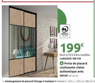 PEFC  HAL  199€  Dont 6,70 € d'éco-mobilier. LARGEUR 180 CM  Porte de placard coulissante chêne authentique avec miroir 65267 