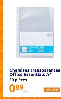 office  0.04/st  A4 PUNCHED POCKETS PP  Chemises transparentes Office Essentials A4 20 pièces  089 