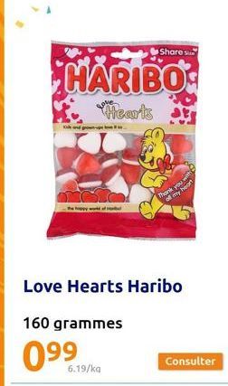 HARIBO  Hearts at  world of Habel  6.19/ka  Share s  Love Hearts Haribo  160 grammes  0⁹9  Thank you with of my heart  Consulter  