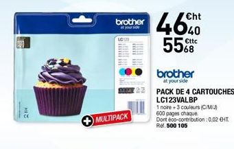 AH  brother  at your side  MULTIPACK  460  Cttc  brother at your side  PACK DE 4 CARTOUCHES LC123VALBP  1 noire 3 couleurs (C/M/J) 600 pages chaque  Dont éco-contribution : 0,02 €HT Rel. 500 105 