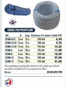 CORDE POLYPROPYLÈNE  Ref.  23580-8-25 8mm 25m  23580-10-25 10mm 25m  23580-12-25 12mm 25m 23580-6 6mm 100m 23580-8 8mm 100m 23580-10 10 mm 100 m 23580-12 12 mm 100m  Long. Résistance à la rupture L'un