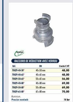 AJARLEX  RACCORD DE RÉDUCTION AVEC VERROU  Ref.  70829-40-50  70829-40-65 70829-50-65  70829-40-80 70829-50-80* 70829-65-80 Aluminium. Pression nominale  DN  40x50 mm  40x65 mm  50x65 mm  40x80 mm  50