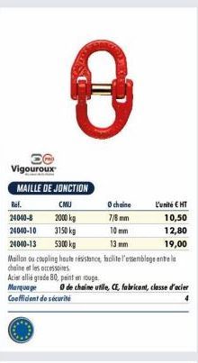 30 Vigouroux  MAILLE DE JONCTION  CMU  2000 kg  3150 kg  5300 kg  Ref.  24040-8  24040-10  24040-13  0  O chaine  7/8 mm  10 mm  13 mm  Mallon ou coupling haute résistance, facilite l'assemblage entre