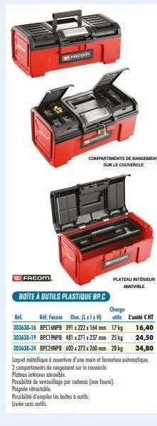 facom  to facom  boite à outils plastique bp.c  compartiments de rangement sur le couvercle  plateau intérieur amovible  charge  utile  rel ref. facom dim. (l xlx h) 303638-16 bpc16npb 391 x 222 x 164