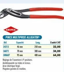 knipex  pince multiprise alligator  capacité  46 mm  70 mm  95 mm  rel.  34213  36872  300607  réglage de l'ouverture à 9 positions. autobloquante sur tubes et écrous acier électrique forgé. poignées 