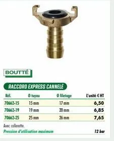 boutté  raccord express cannele  o tuyou  15mm  19 mm  25 mm  rel  70662-15  70662-19  70662-25  avec collerette  pression d'utilisation maximum  ⓒ metage  17 mm  20 mm  26 mm  l'unité € ht  6,50  6,8