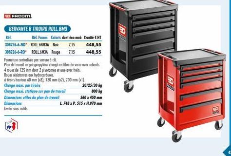 ED FACOM  SERVANTE 6 TIROIRS ROLL.6M3  Ref.  308226-6-NO* ROLL-6NN3A Noir 7,15  308226-6-RO ROLL6M3A Rouge 7,15  Réf. Facom Coloris dont éco-mob l'unité EHT  448,55  448,55  Fermeture centralisée par 