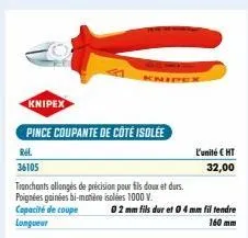 knipex  pince coupante de côté isolée  rel.  36105  tranchants allongés de précision pour fils doux et durs.  poignées gainées bi-matière isolées 1000 v. capacité de coupe  longueur  nipex  l'unité € 