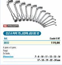 ED FACOM  CLÉ À PIPE 75.J12PB JEU DE 12  Rel.  38552  6 pans x 6 pans.  Forgé. En boite Dimensions  L'unité € HT  119,00  7-8-10-11-12-13-16  17-18-19-22-24mm 