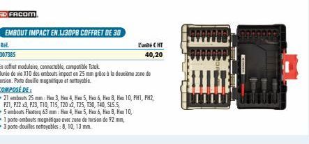 ED FACOM  EMBOUT IMPACT EN.1J30PB COFFRET DE 30  Ref. 307385  En coffret modulaire, connectable, compatible Istok  Durée de vie X10 des embouts impact en 25 mm grâce à la deuxième zone de torsion. Por