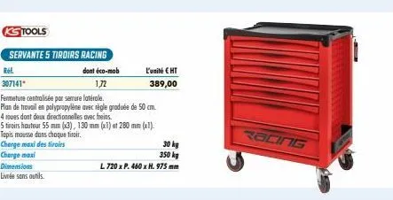 ks tools  servante 5 tiroirs racing  ref.  dont éco-mob  307141*  172  fermeture centralisée par serrure latérale.  plan de travail en polypropylène avec règle graduée de 50 cm.  4 roues dont deux dir