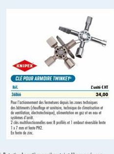 KNIPEX  CLÉ POUR ARMOIRE TWINKEY  Rel  36866  Pour l'actionnement des fermetures depuis les zones techniques des bâtiments (chauffage et sanitaire, technique de climatisation et de ventilation, électr