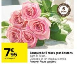 795  Le bouquet  Bouquet de 5 roses gros boutons Tiges de 50 cm. Disponible en ton chaud ou ton froid Au rayon Fleurs coupées  6 jours 