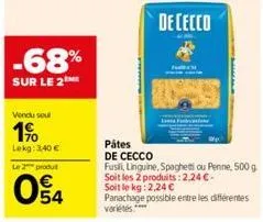 -68%  sur le 2  vendu seul  1⁹  lokg: 3,40 €  le 2 produt  e5  54  ful  dececco  pätes  de cecco  fusli, linguine, spaghetti ou penne, 500 g soit les 2 produits: 2,24 €. soit le kg: 2,24 €  panachage 