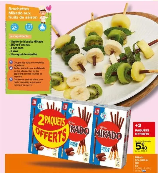 brochettes mikado aux fruits de saison  2€  les  ingredients  1 boite de biscuits mikado  250 g d'ananas  .3 bananes  -3 kiwi  1 bouquet de menthe  w  couper les fruits en rondelles régulières.  enfil