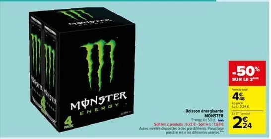 monster  energy  aa  soit les 2 produits: 6,72 €-soit le l: 1,68 €  autres variétés disponibles à des prix différents. panachage possible entre les différentes variétés  boisson énergisante monster  e