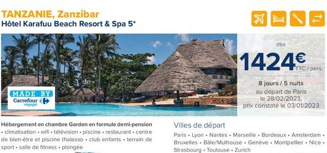 TANZANIE, Zanzibar  Hôtel Karafuu Beach Resort & Spa 5*  MADE BY Carrefour (  voyages  Hébergement en chambre Garden en formule demi-pension • climatisation • wifi télévision piscine restaurant centre