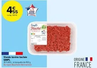 4€ +55  leg:10/1  viande bovine hachée simpl  20% mg, le barquete de 450g auryn boucherie bre-service  simpl hache irdelf  origine france 