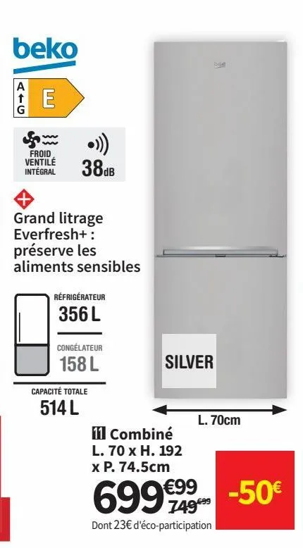 réfrigérateur combine l 70 x h192 x p 74.5 cm