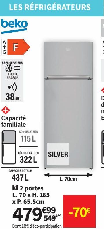 réfrigérateur 2 portes L 70 x H 185 x P 65.5 cm