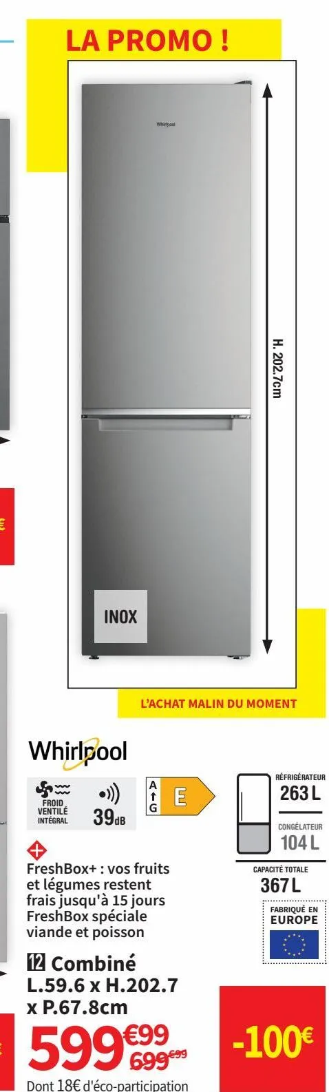 réfrigérateur combine  l 59.6 x h 202.7 x p 67.8 cm