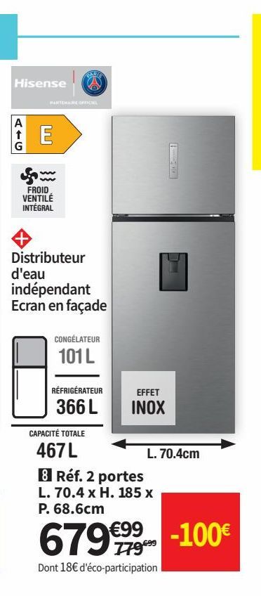 réfrigérateur 2 portes L 70.4 x H185 x P 68.6 cm